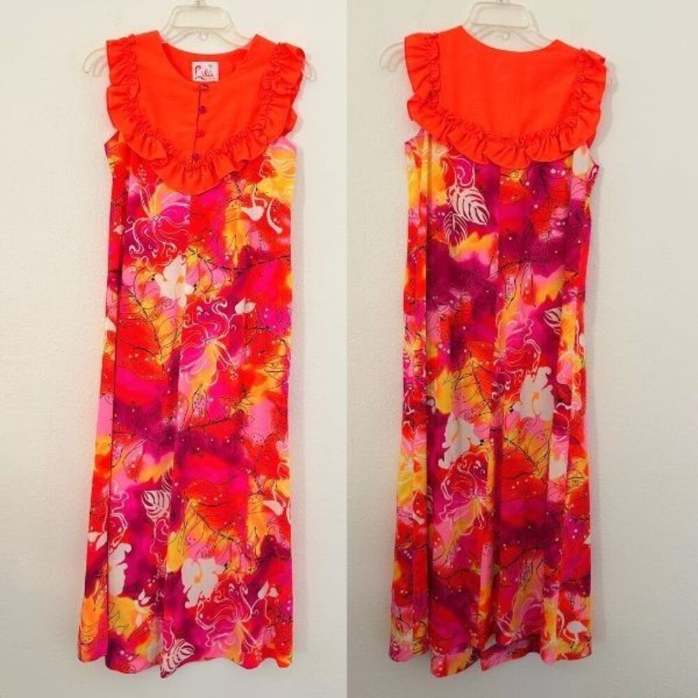 70s Lilia Honolulu Hawaiian Psychedelic Maxi Dress Vibrant Tropical Resort 6